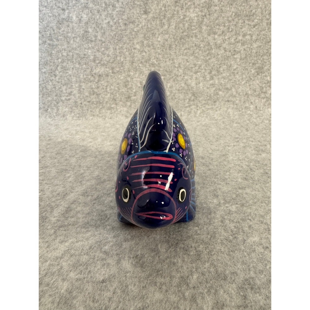 Mexican Pottery Fish Sculpture Hand Painted Terra Cotta Folk Art Cobalt Blue - Picture 2 of 8
